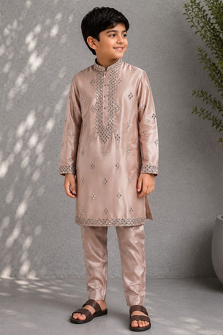 Golden Cotton Silk Mirror Embroidered Kurta Set For Boys by Jorah Kids at Pernia's Pop Up Shop