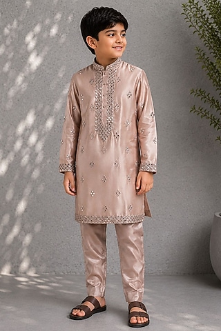Golden Cotton Silk Mirror Embroidered Kurta Set For Boys by Jorah Kids