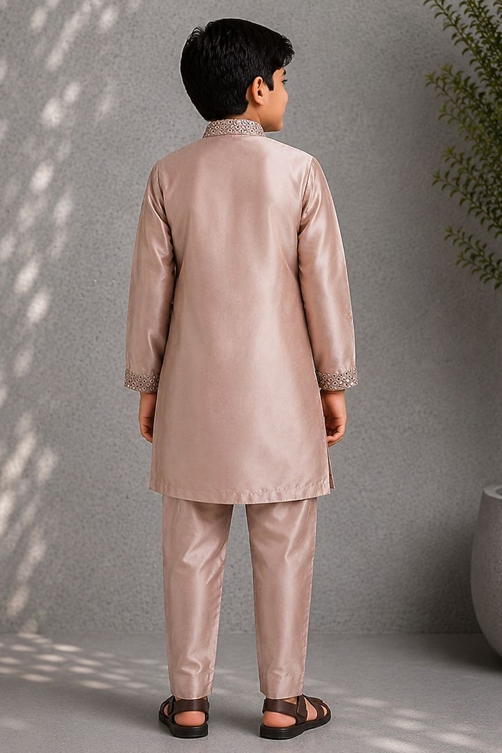 Golden Cotton Silk Mirror Embroidered Kurta Set For Boys by Jorah Kids at Pernia's Pop Up Shop