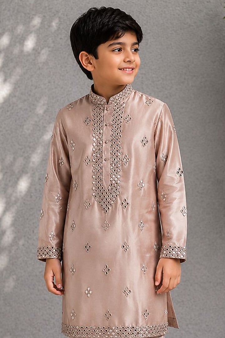Golden Cotton Silk Mirror Embroidered Kurta Set For Boys by Jorah Kids at Pernia's Pop Up Shop