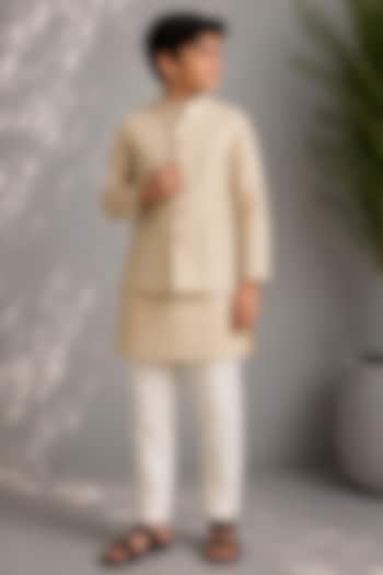 Beige Dupion Embroidered Nehru Jacket Set For Boys by Jorah Kids at Pernia's Pop Up Shop