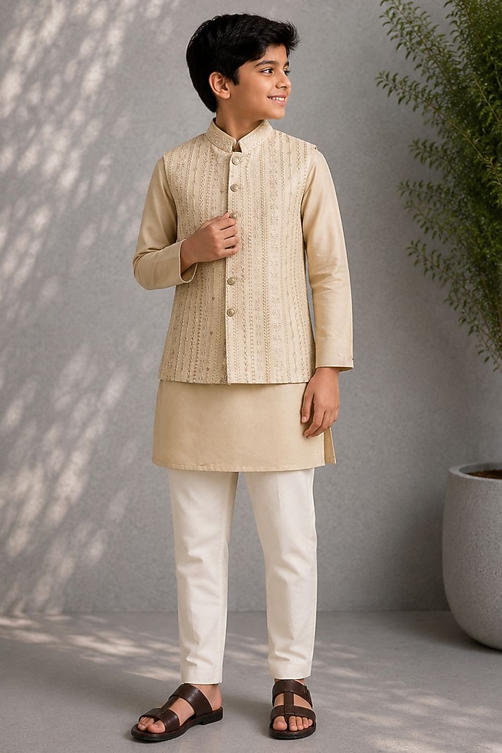 Beige Dupion Embroidered Nehru Jacket Set For Boys by Jorah Kids at Pernia's Pop Up Shop