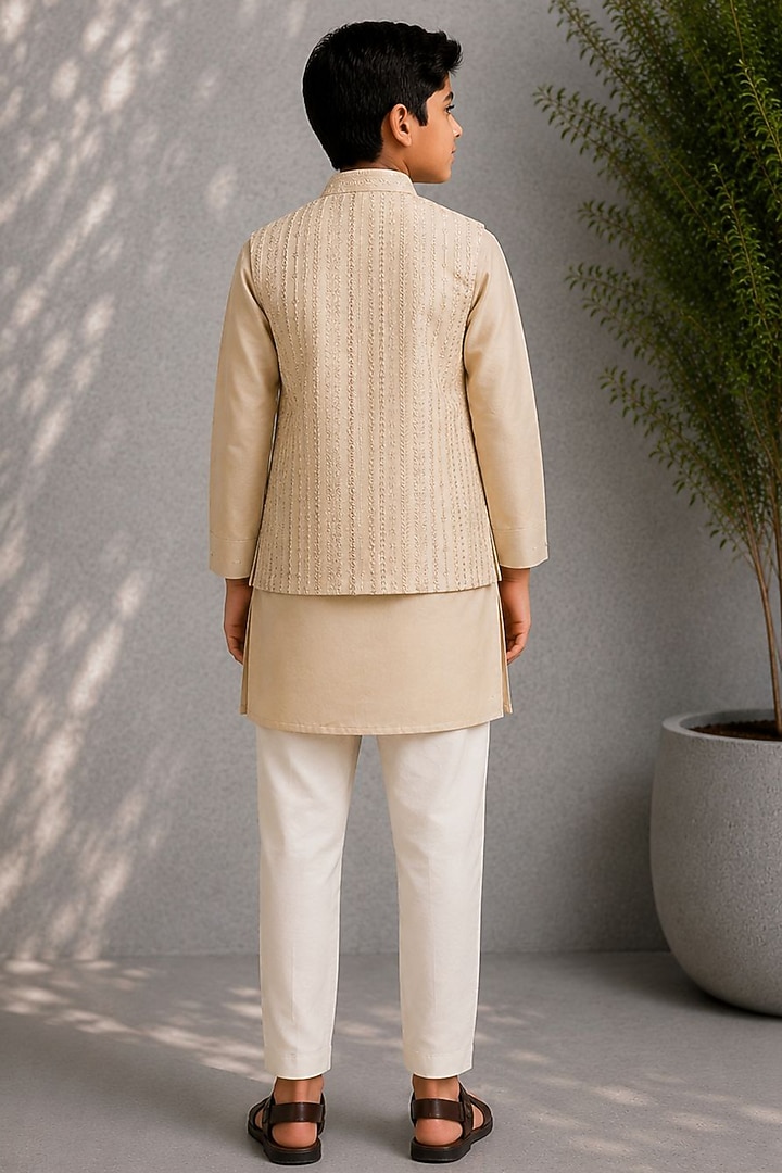 Beige Dupion Embroidered Nehru Jacket Set For Boys by Jorah Kids at Pernia's Pop Up Shop
