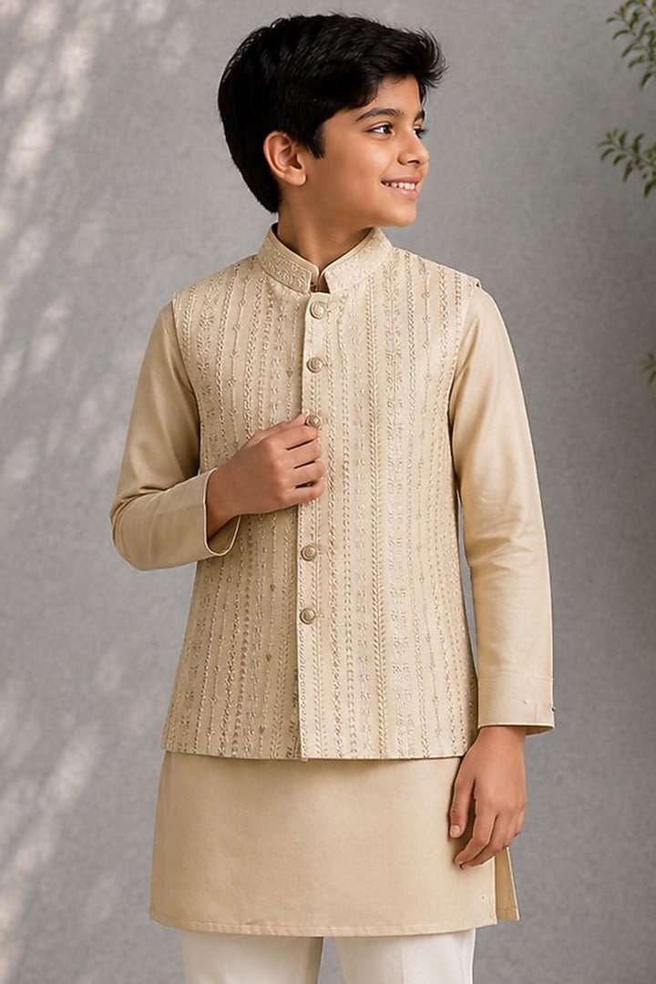 Beige Dupion Embroidered Nehru Jacket Set For Boys by Jorah Kids at Pernia's Pop Up Shop
