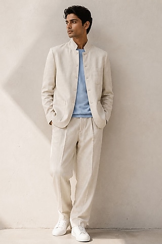 Cream Pure Linen Blazer Set by JORAH MEN