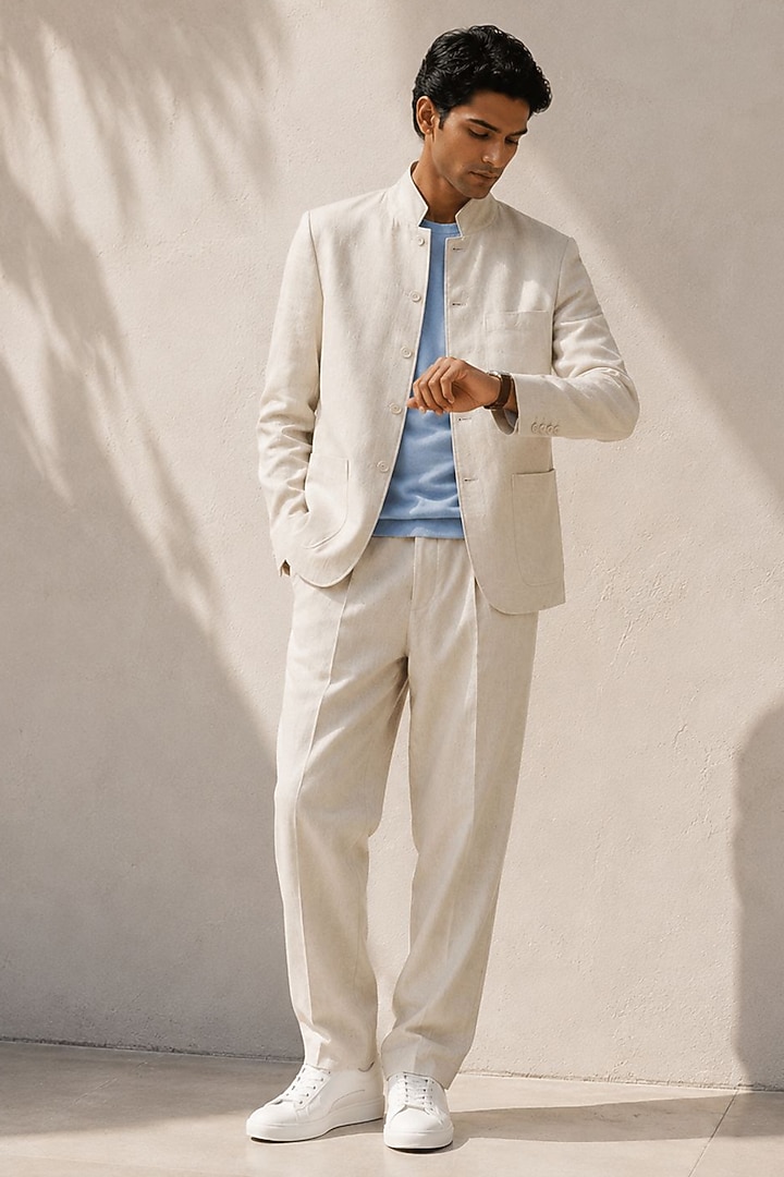 Cream Pure Linen Blazer Set by JORAH MEN at Pernia's Pop Up Shop