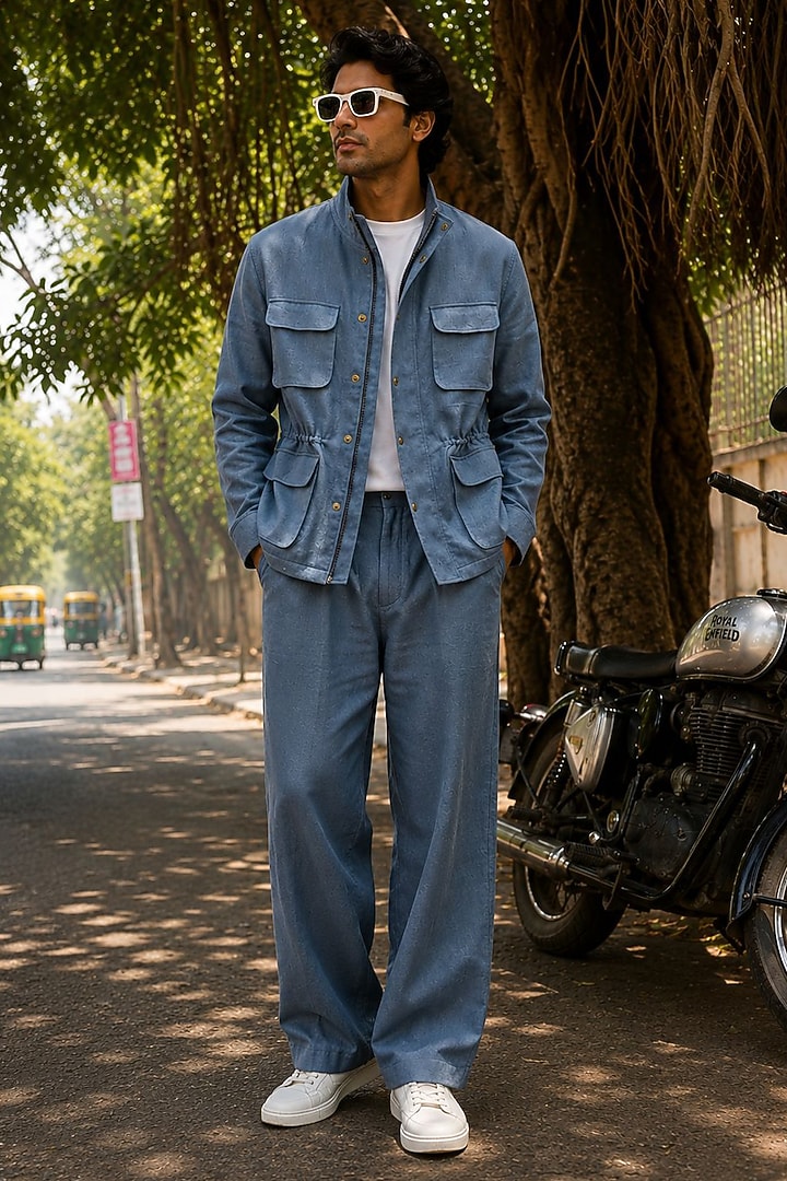 Steel Blue Pure Linen Co-Ord Set by JORAH MEN at Pernia's Pop Up Shop