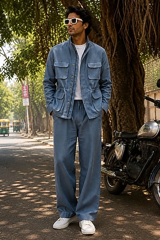 Steel Blue Pure Linen Co-Ord Set by JORAH MEN