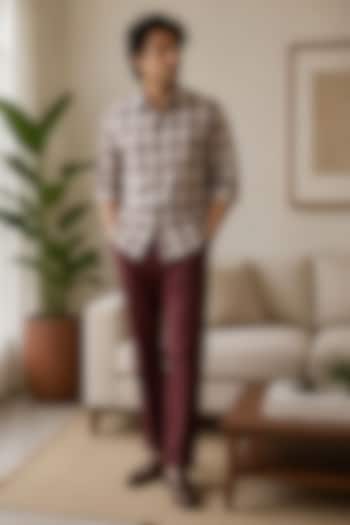 Beige & Red Pure Linen Checkered Party Wear Shirt by JORAH MEN at Pernia's Pop Up Shop