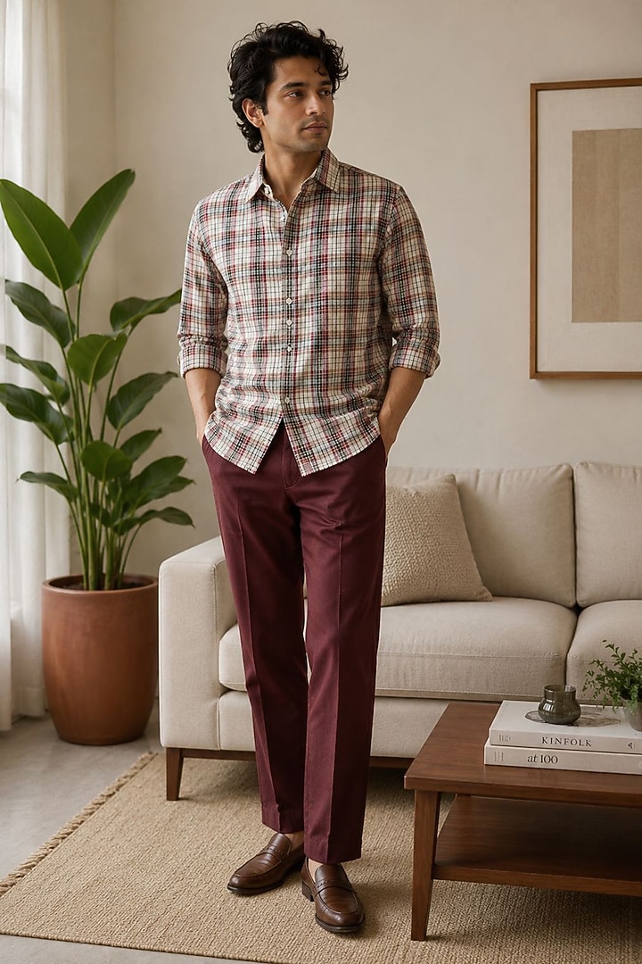 Beige & Red Pure Linen Checkered Party Wear Shirt by JORAH MEN at Pernia's Pop Up Shop