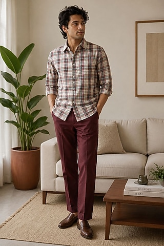 Beige & Red Pure Linen Checkered Shirt by JORAH MEN