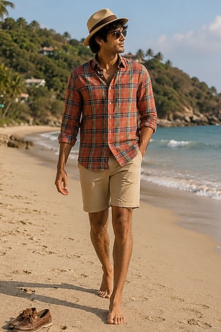 Orange Pure Linen Checkered Shirt by JORAH MEN