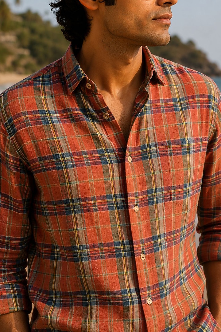 Orange Pure Linen Checkered Party Wear Shirt by JORAH MEN at Pernia's Pop Up Shop