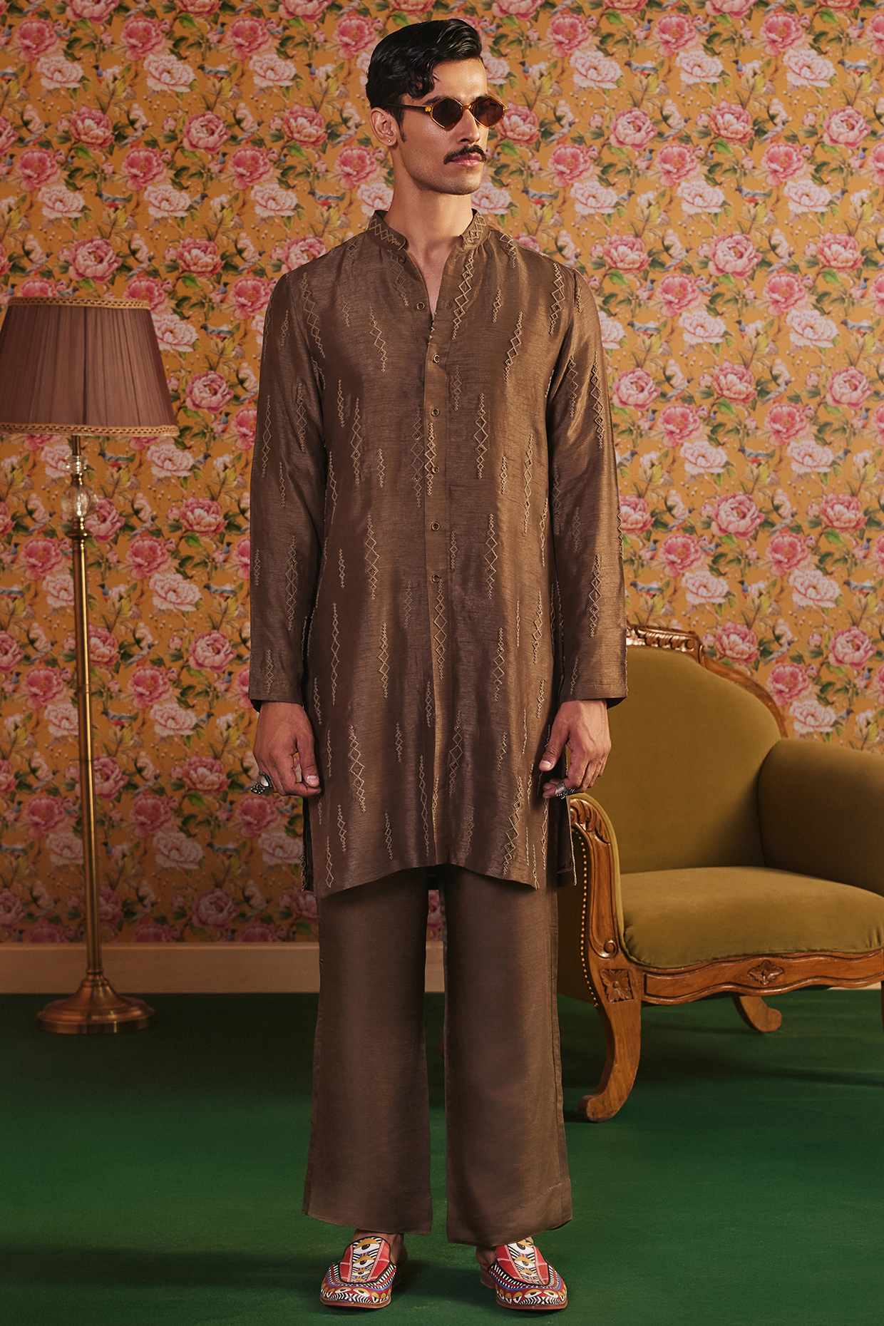 Olive Green Linen Satin & Dupion Hand Embroidered Kurta Set by JORAH MEN