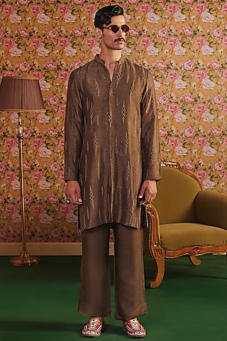 Olive Green Linen Satin & Dupion Hand Embroidered Kurta Set by JORAH MEN