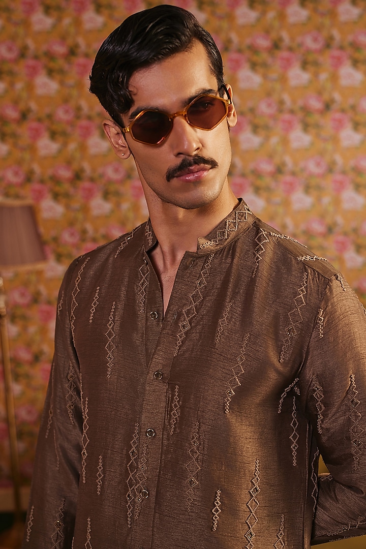 Olive Green Linen Satin & Dupion Hand Embroidered Kurta Set by JORAH MEN at Pernia's Pop Up Shop