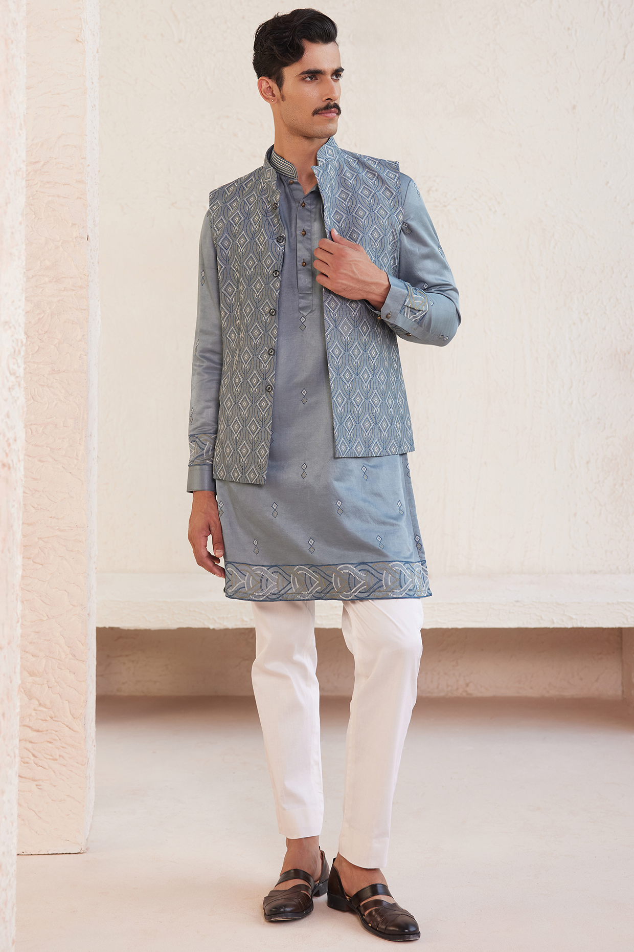 Blue Cotton Silk & Dupion Threadwork Nehru Jacket Set by JORAH MEN at Pernia's Pop Up Shop