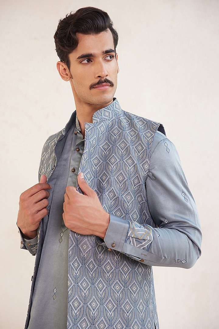 Blue Cotton Silk & Dupion Threadwork Nehru Jacket Set by JORAH MEN at Pernia's Pop Up Shop