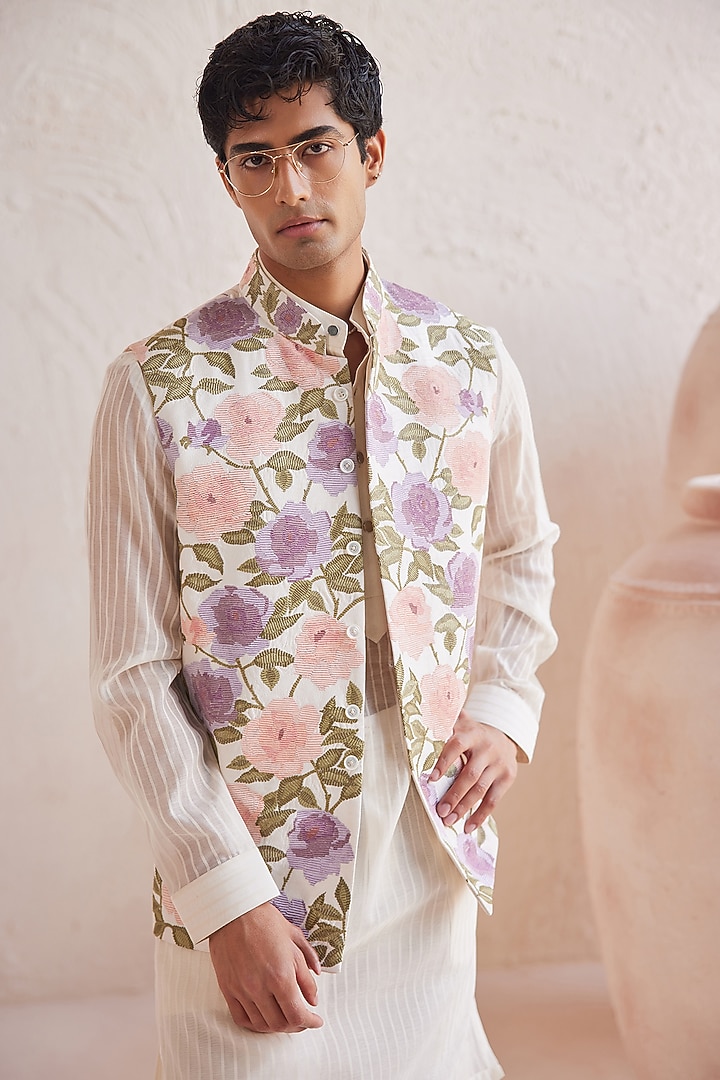 Ivory Chanderi & Cotton Embroidered Nehru Jacket Set by JORAH MEN at Pernia's Pop Up Shop