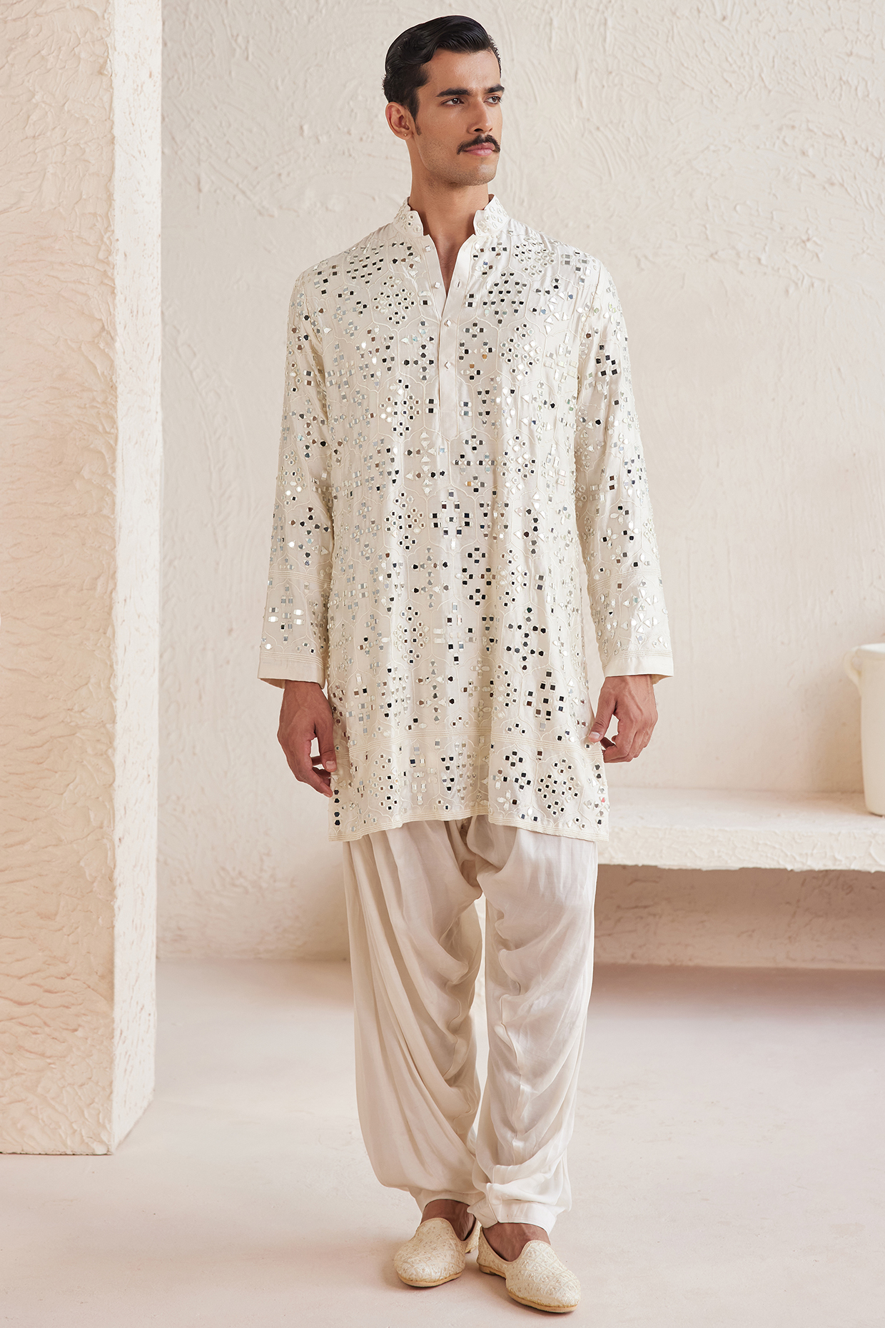 Ivory Dupion Mirror Work Kurta Set by JORAH MEN at Pernia's Pop Up Shop