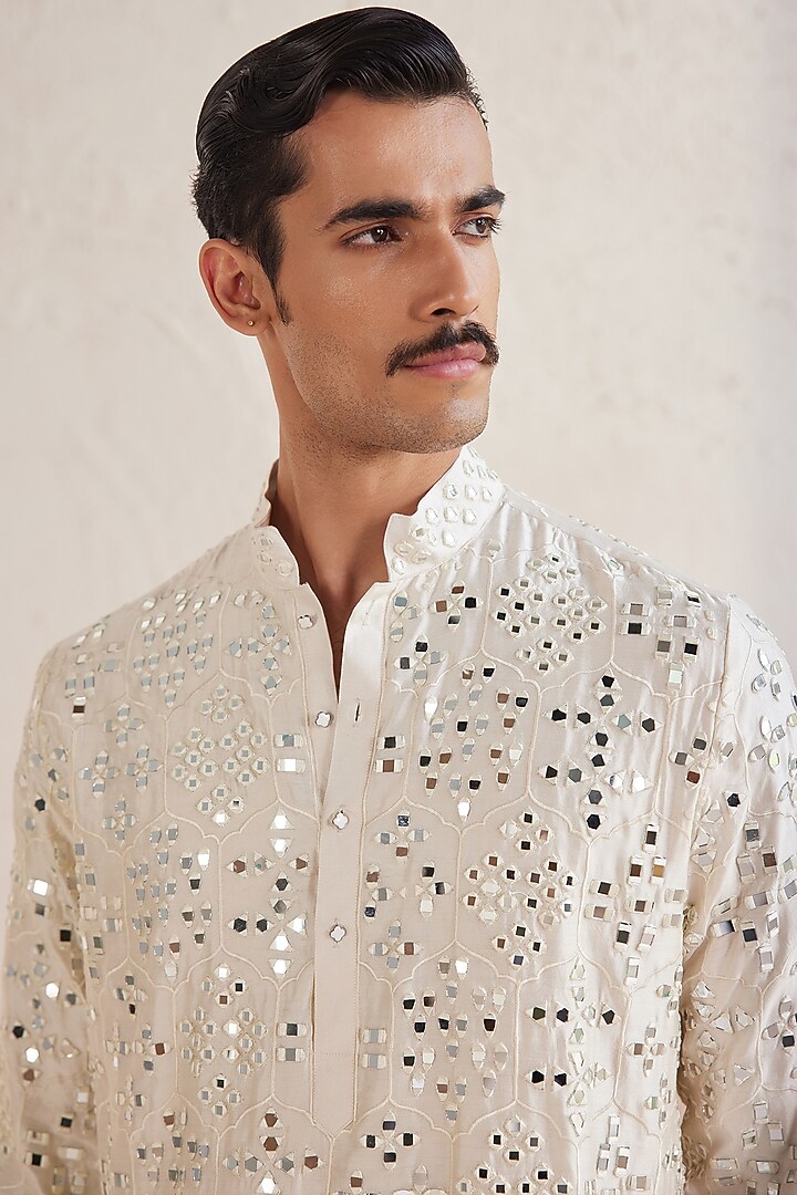 Ivory Dupion Mirror Work Kurta Set by JORAH MEN at Pernia's Pop Up Shop