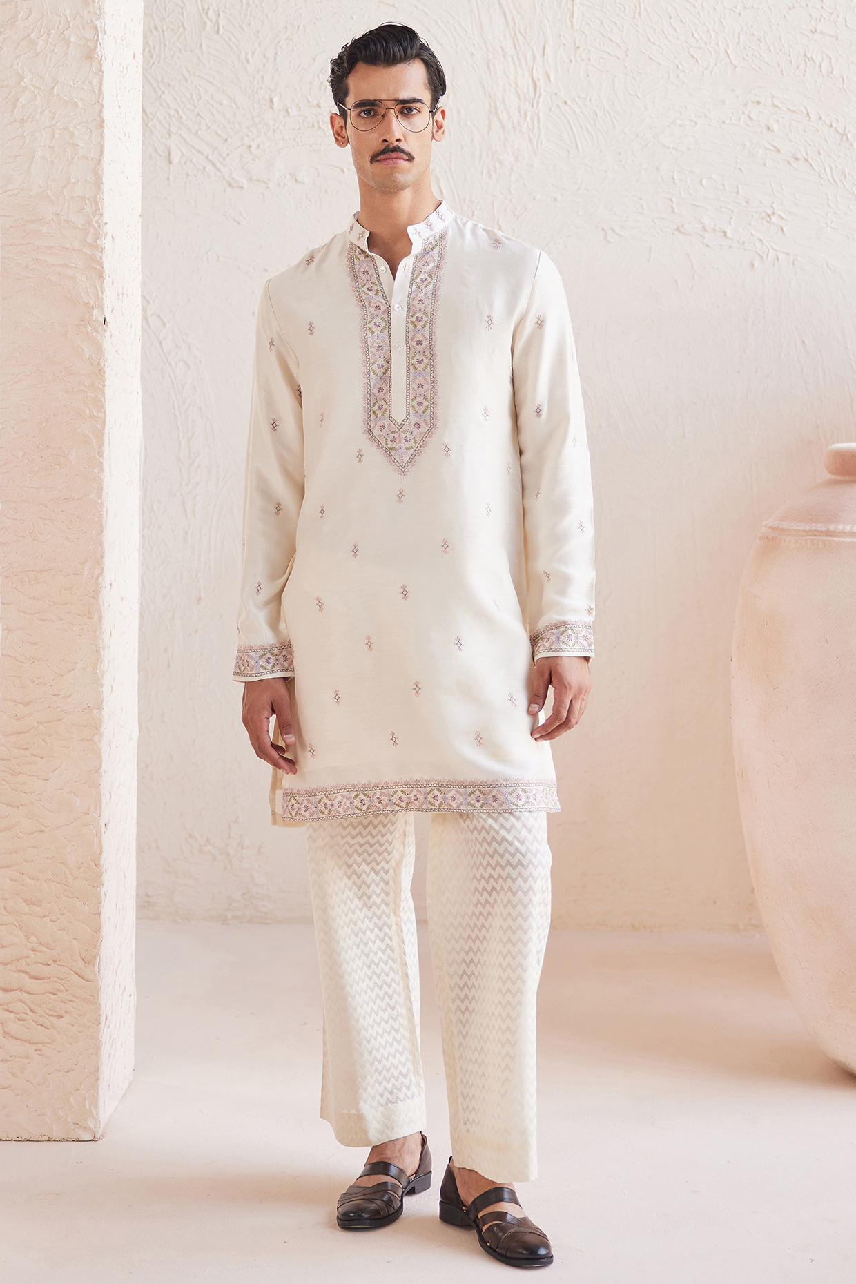 Ivory Dupion Thread Embroidered Kurta Set by JORAH MEN at Pernia's Pop Up Shop