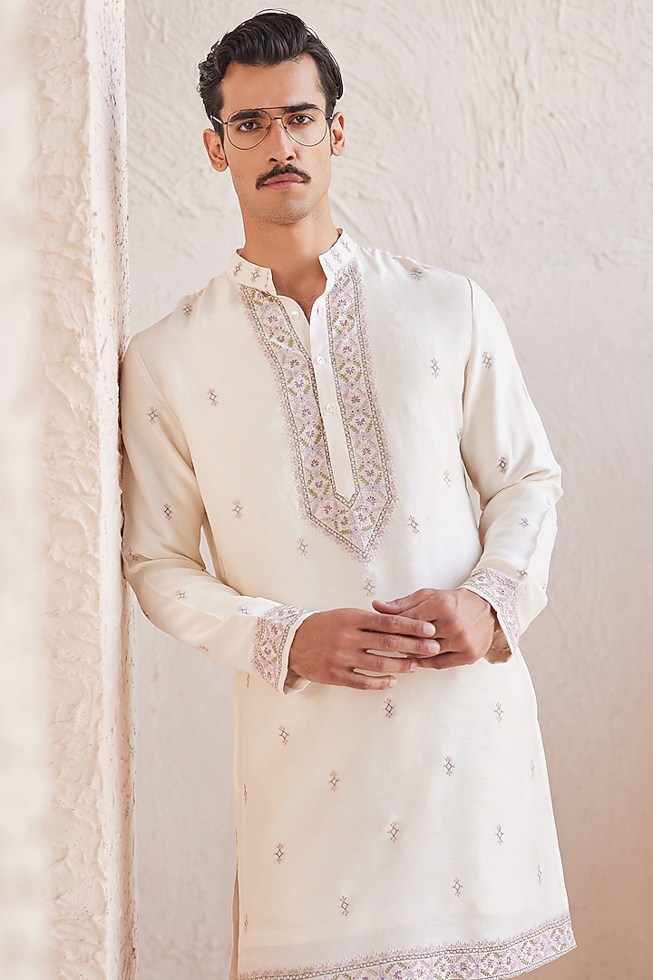 Ivory Dupion Thread Embroidered Kurta Set by JORAH MEN at Pernia's Pop Up Shop