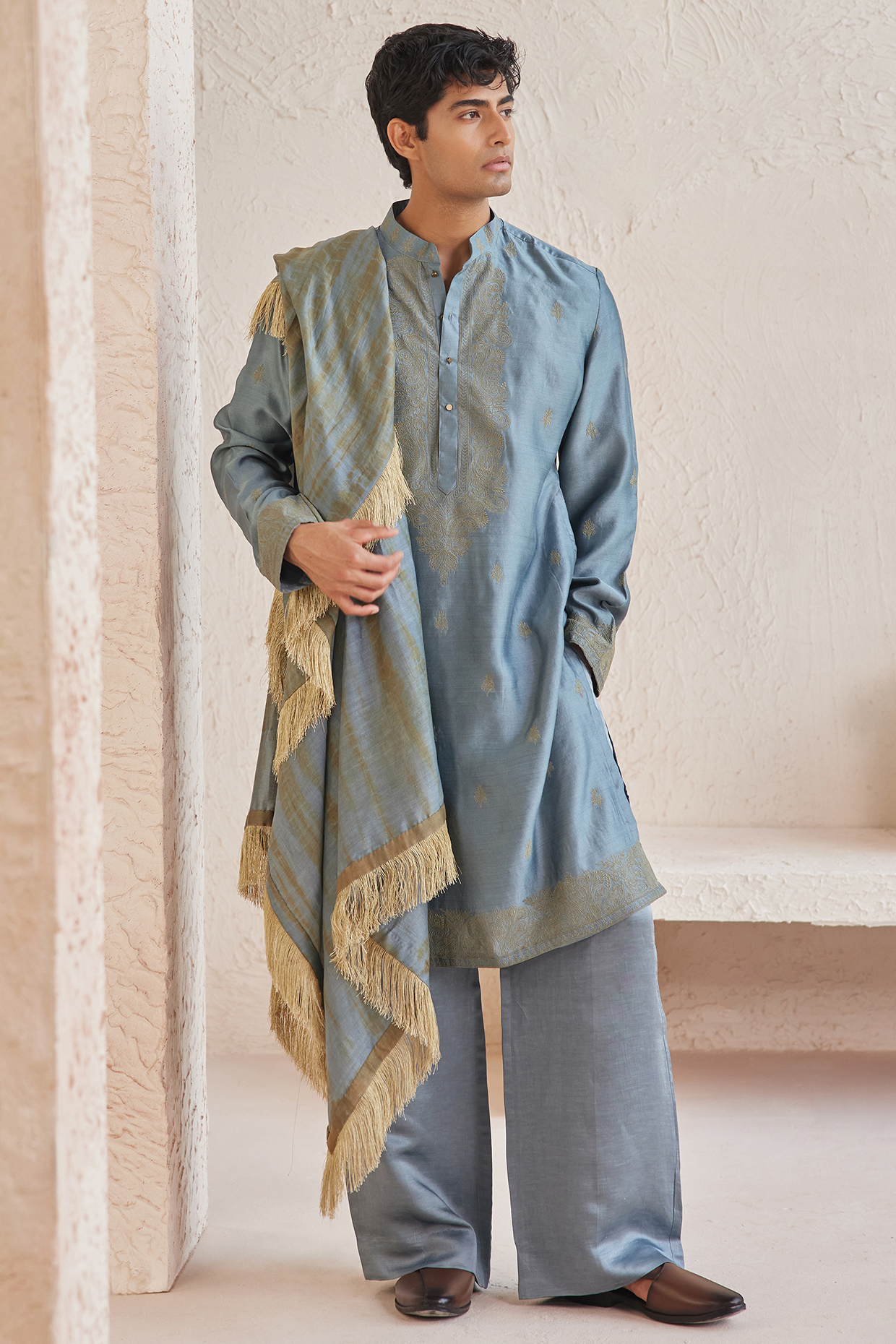 Blue Linen Satin & Pure Silk Chanderi Threadwork Kurta Set by JORAH MEN
