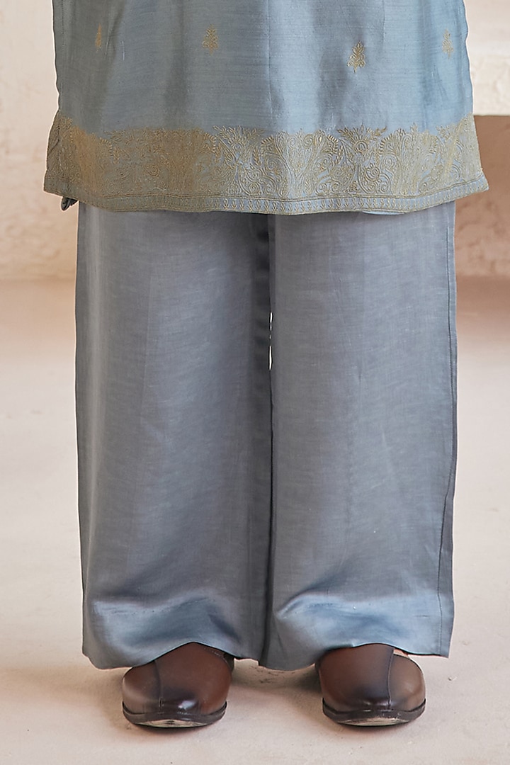 Blue Linen Satin & Pure Silk Chanderi Threadwork Kurta Set by JORAH MEN at Pernia's Pop Up Shop