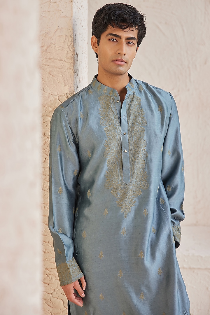 Blue Linen Satin & Pure Silk Chanderi Threadwork Kurta Set by JORAH MEN at Pernia's Pop Up Shop