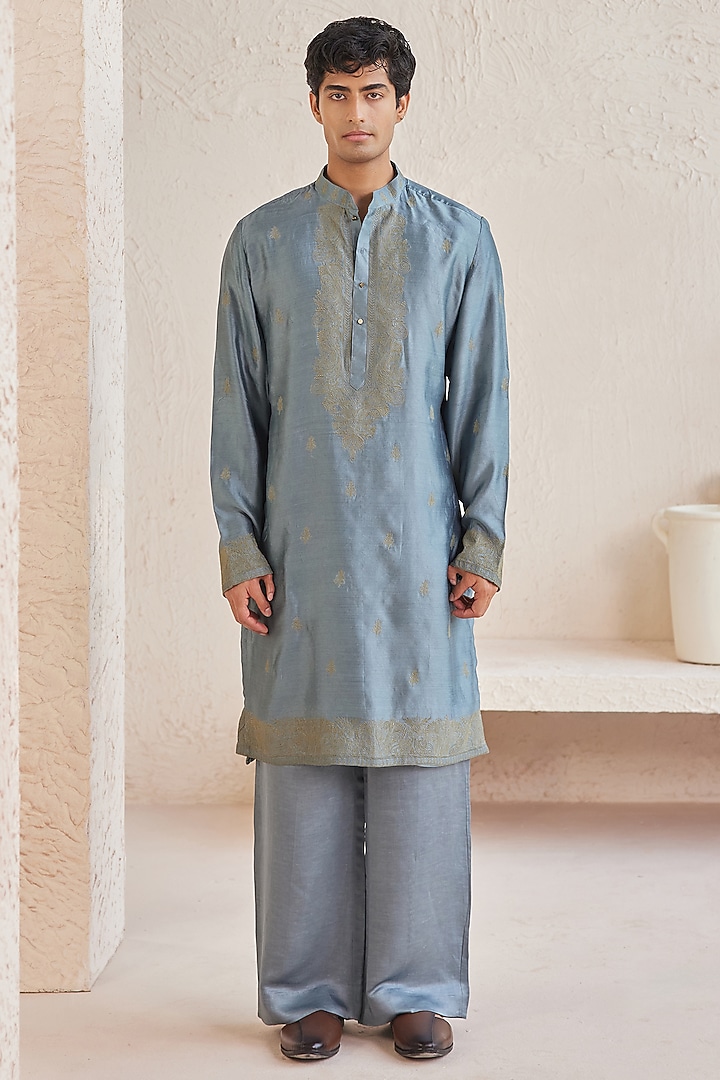 Blue Linen Satin & Pure Silk Chanderi Threadwork Kurta Set by JORAH MEN at Pernia's Pop Up Shop