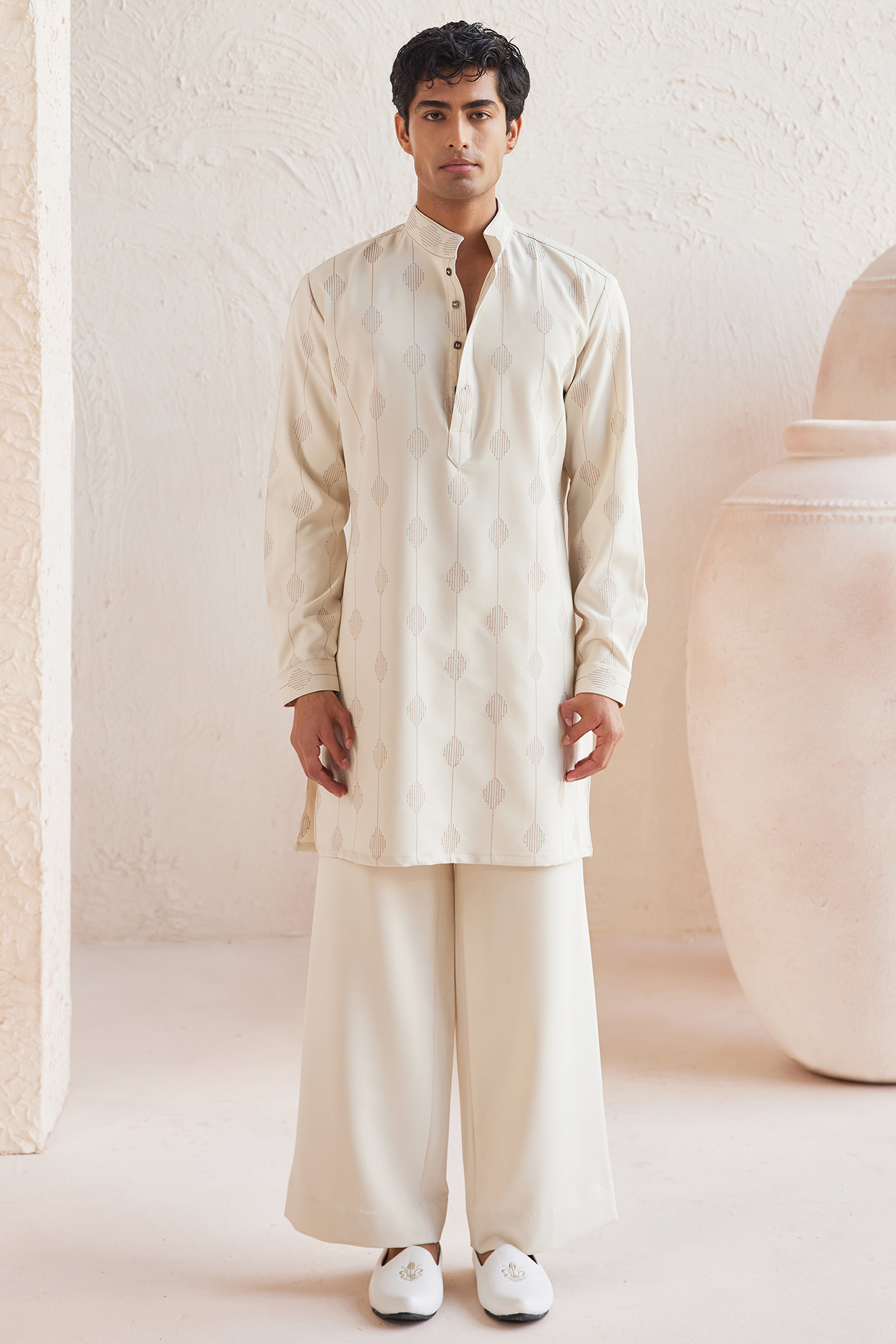 Ivory Mesh Georgette Threadwork Kurta Set by JORAH MEN