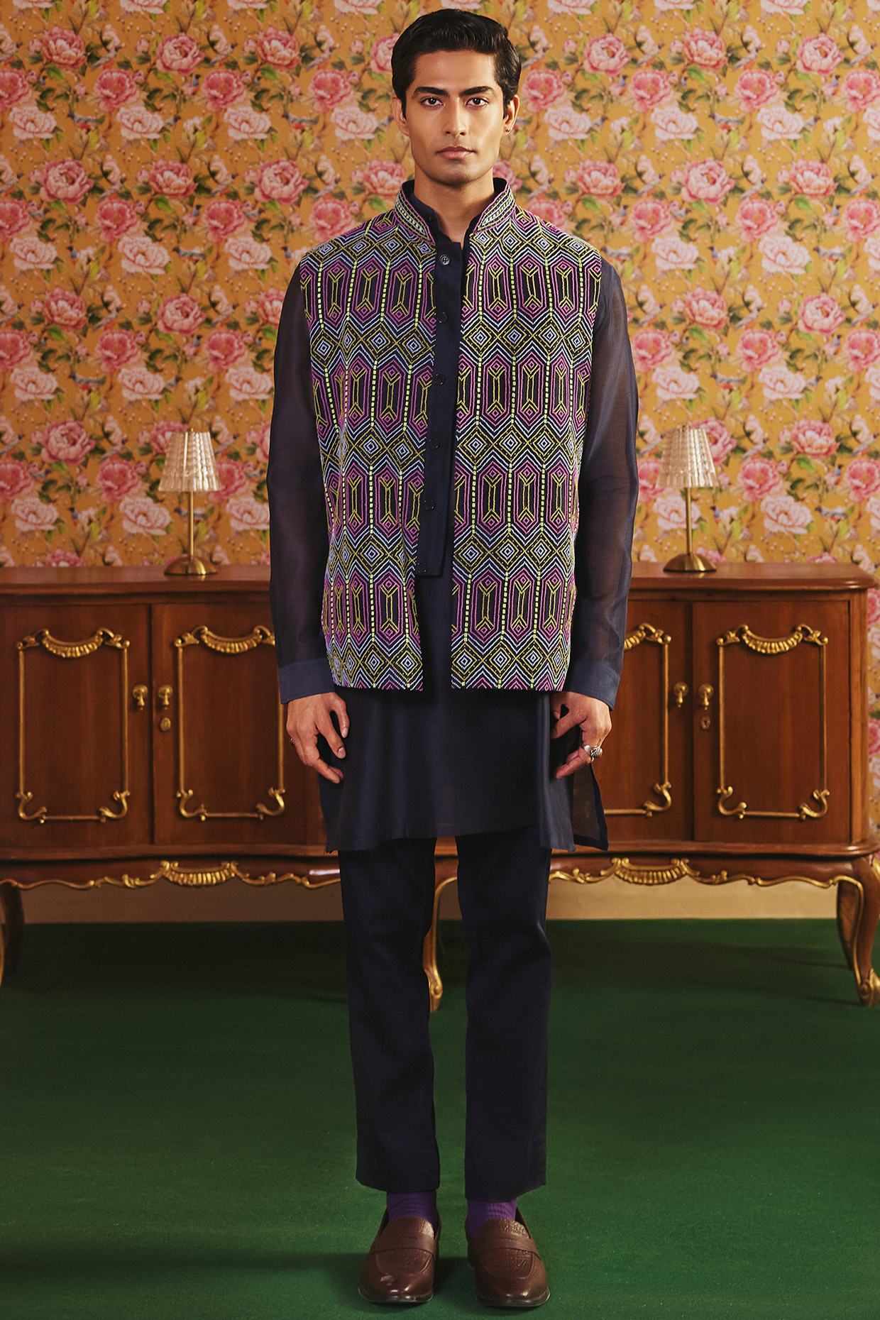 Navy Blue Dupion & Chanderi Cutdana Embroidered Nehru Jacket Set by JORAH MEN
