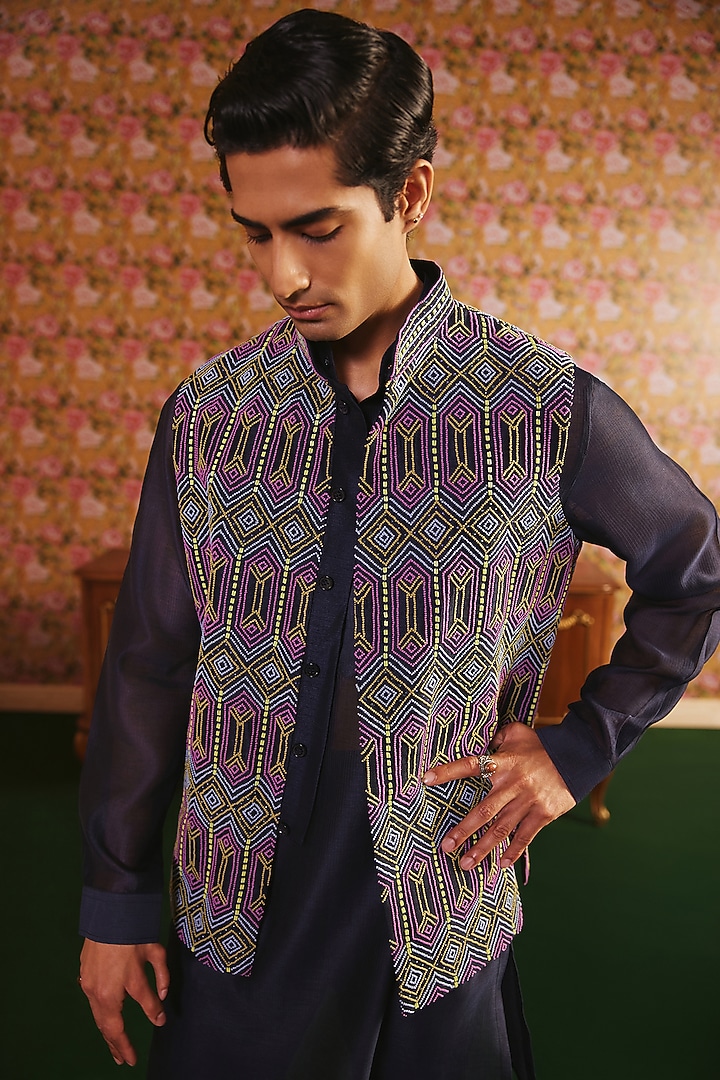 Navy Blue Dupion & Chanderi Cutdana Embroidered Nehru Jacket Set by JORAH MEN at Pernia's Pop Up Shop