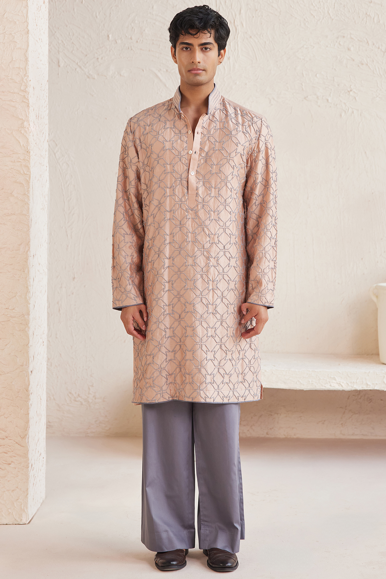 Peach Pure Silk & Cotton French Knot Embroidered Kurta Set by JORAH MEN