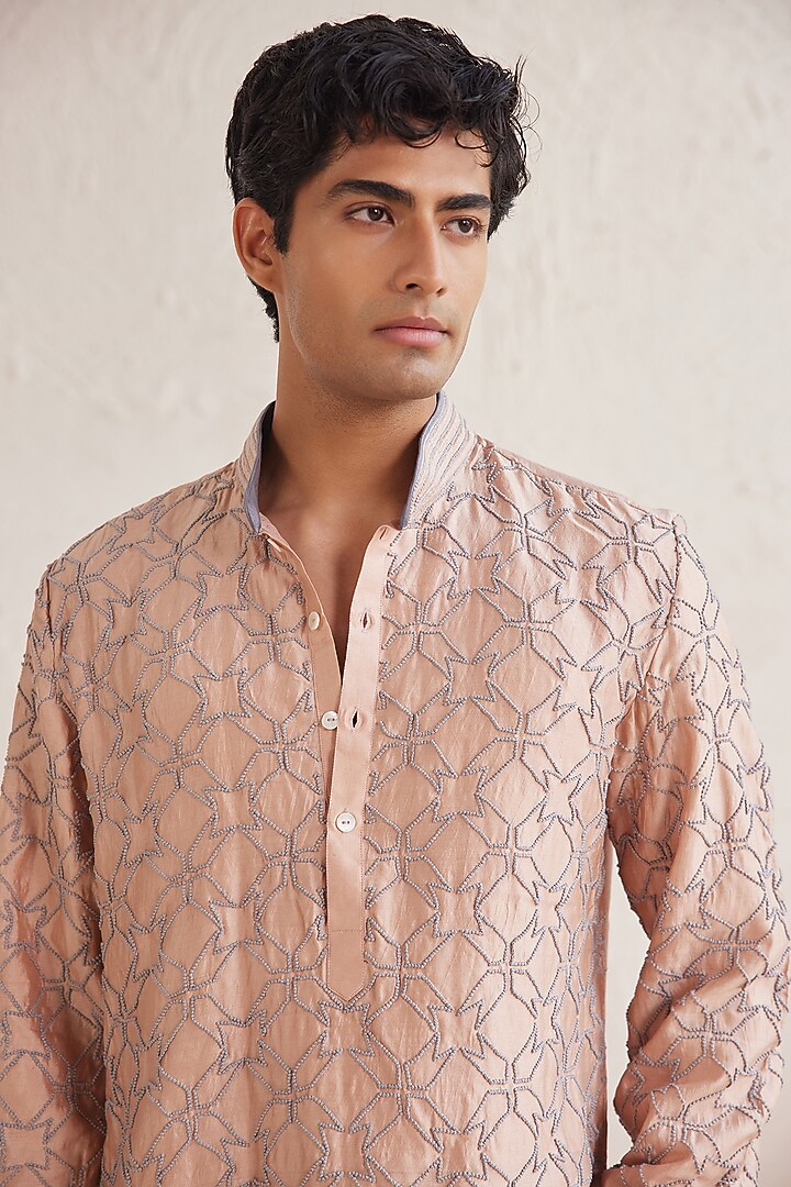 Peach Pure Silk & Cotton French Knot Embroidered Kurta Set by JORAH MEN at Pernia's Pop Up Shop