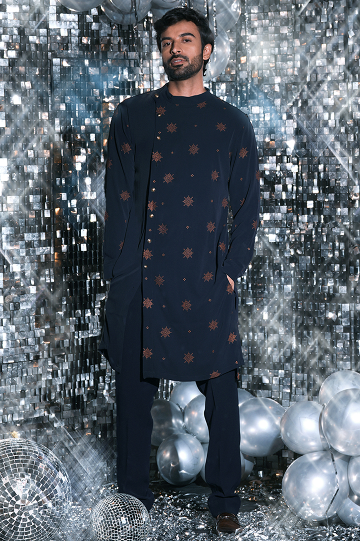 Blue Mesh Georgette Embroidered Angrakha Kurta Set by JORAH MEN