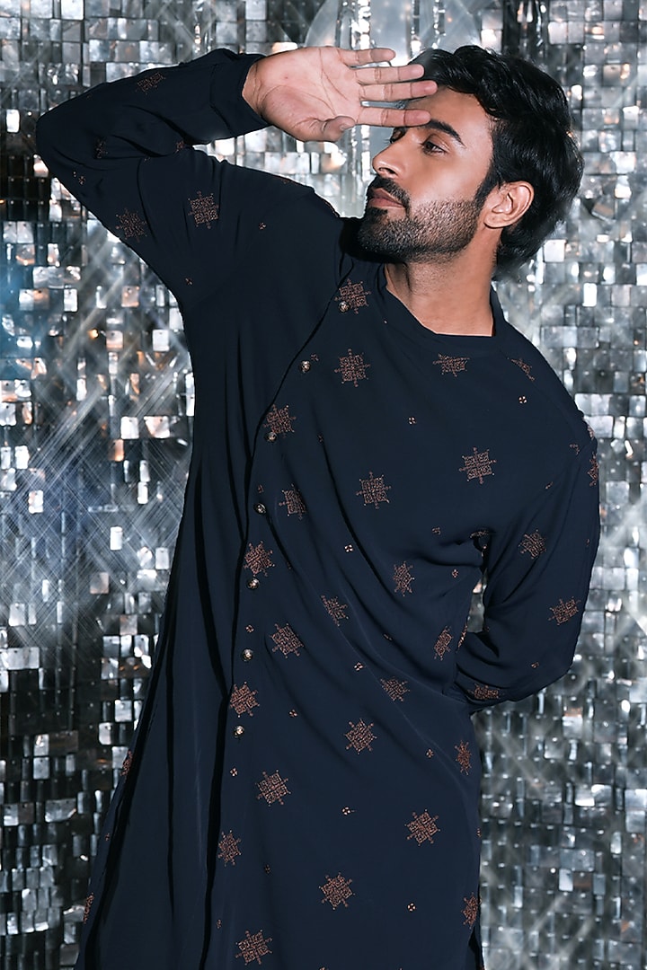 Blue Mesh Georgette Embroidered Angrakha Kurta Set by JORAH MEN at Pernia's Pop Up Shop