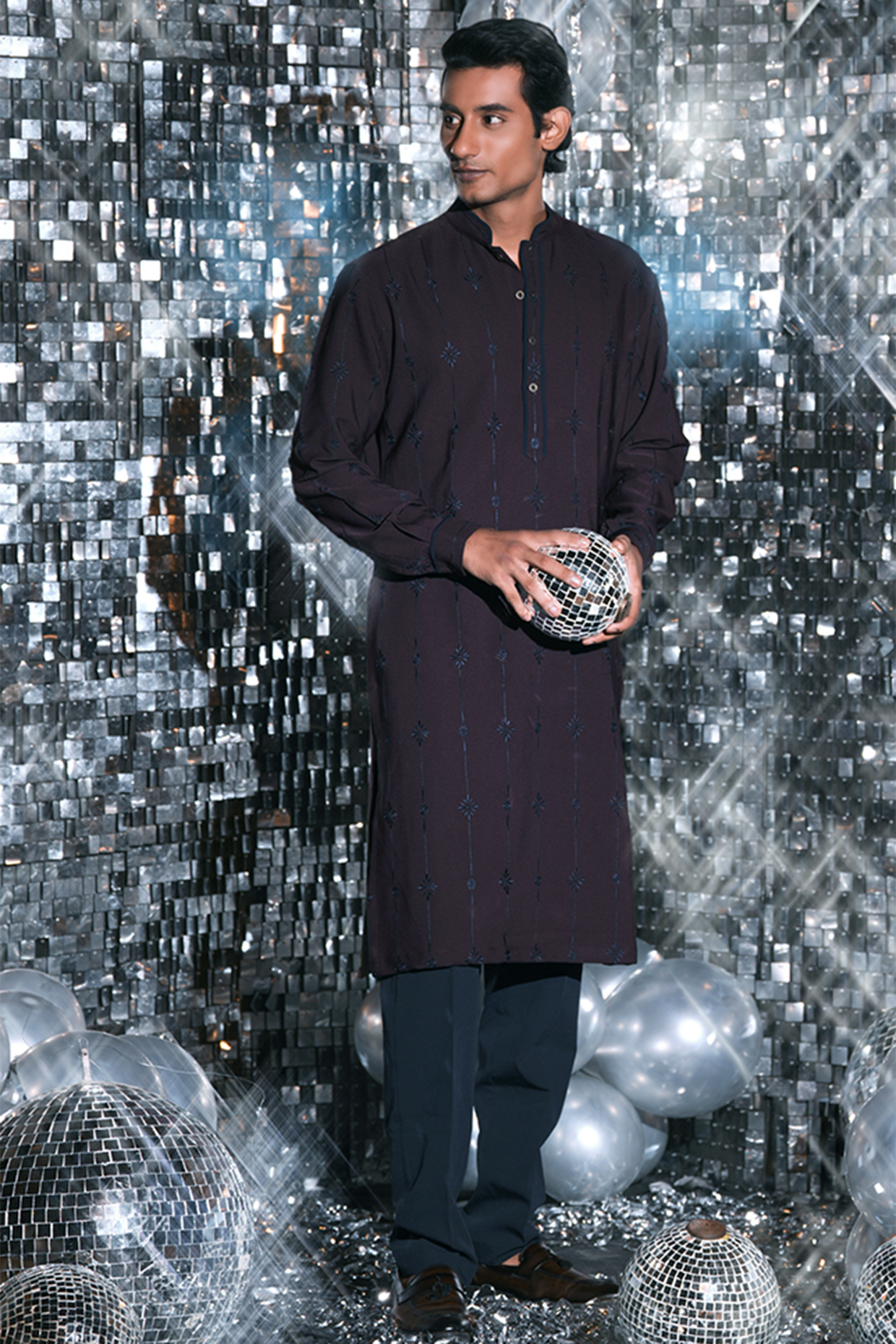 Wine Mesh Georgette Thread Embroidered Angrakha Kurta Set by JORAH MEN