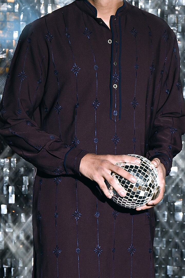 Wine Mesh Georgette Thread Embroidered Kurta Set by JORAH MEN at Pernia's Pop Up Shop