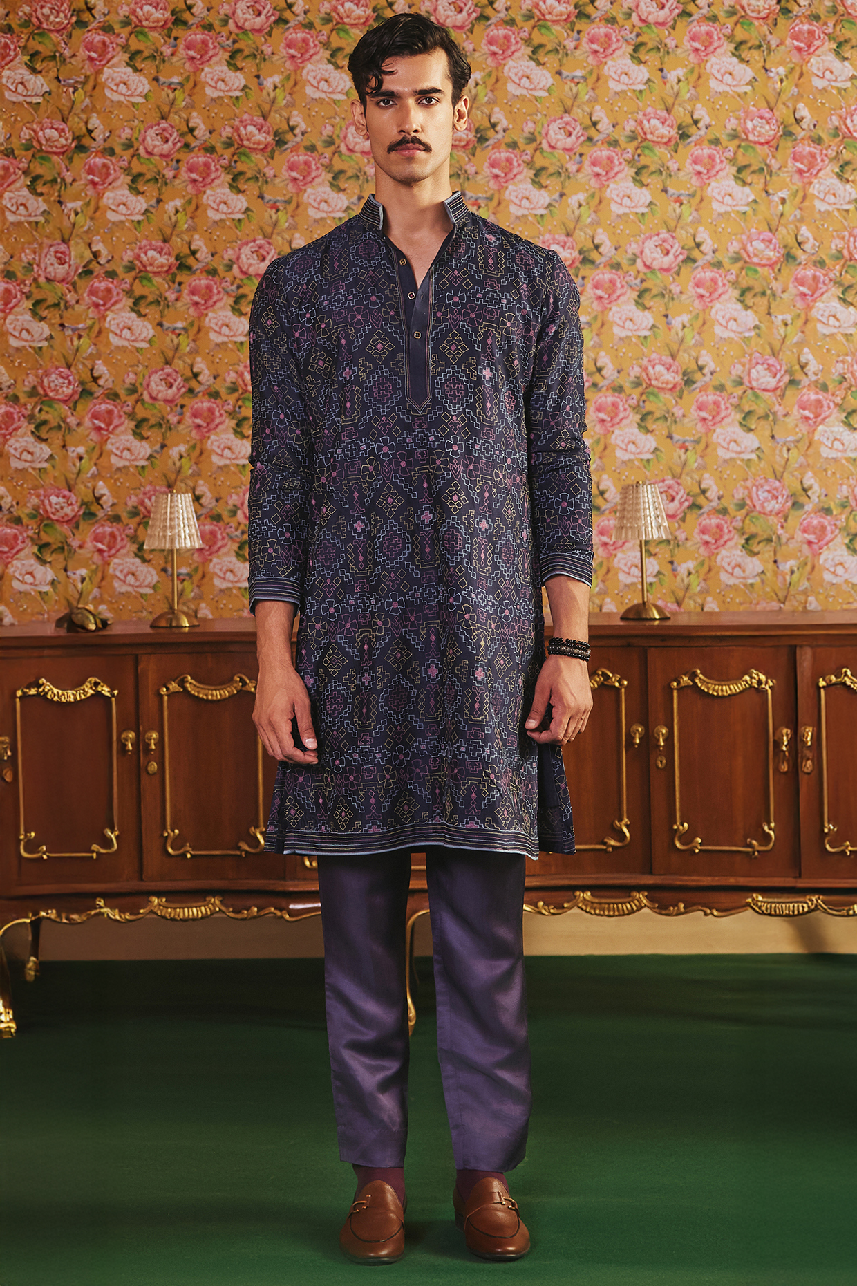 Blue Pure Silk & Linen Satin Resham Embroidered Kurta Set by JORAH MEN