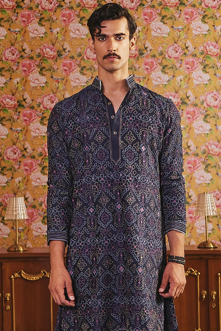 Blue Pure Silk & Linen Satin Resham Embroidered Kurta Set by JORAH MEN at Pernia's Pop Up Shop