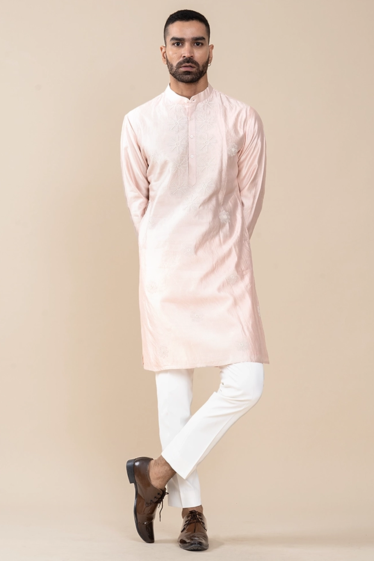 Light Peach Pure Silk Pearl Embroidered Kurta Set by JORAH MEN