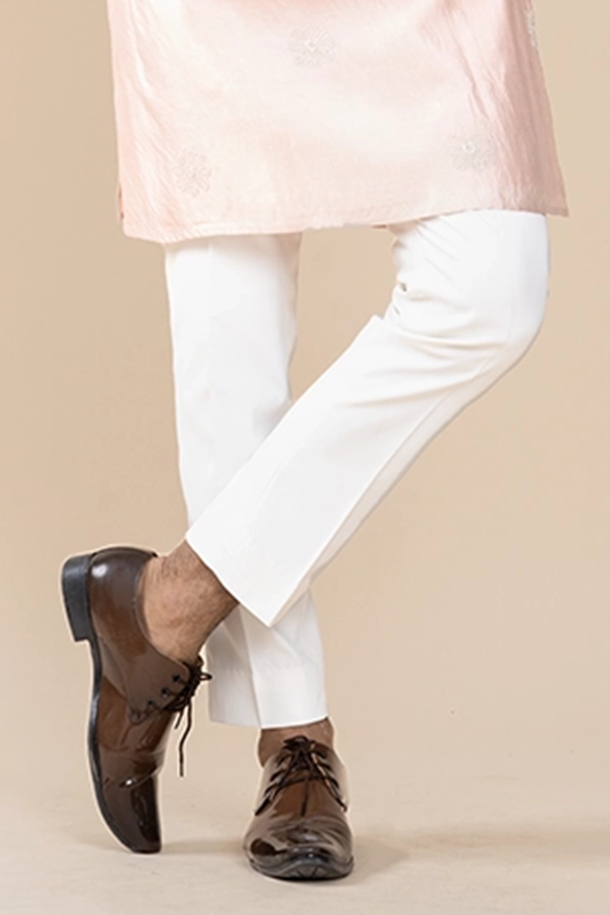 Light Peach Pure Silk Pearl Embroidered Kurta Set by JORAH MEN at Pernia's Pop Up Shop