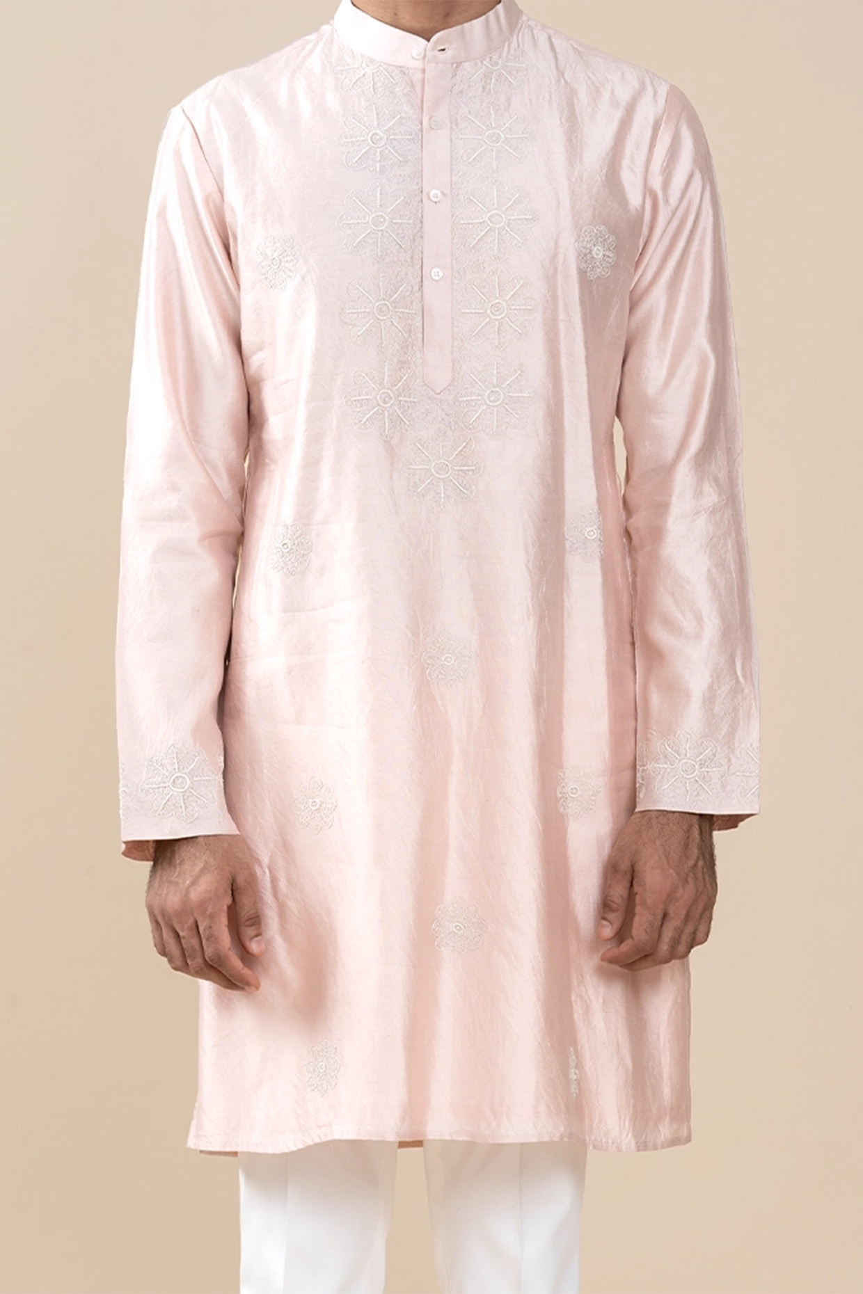 Light Peach Pure Silk Pearl Embroidered Kurta Set by JORAH MEN at Pernia's Pop Up Shop
