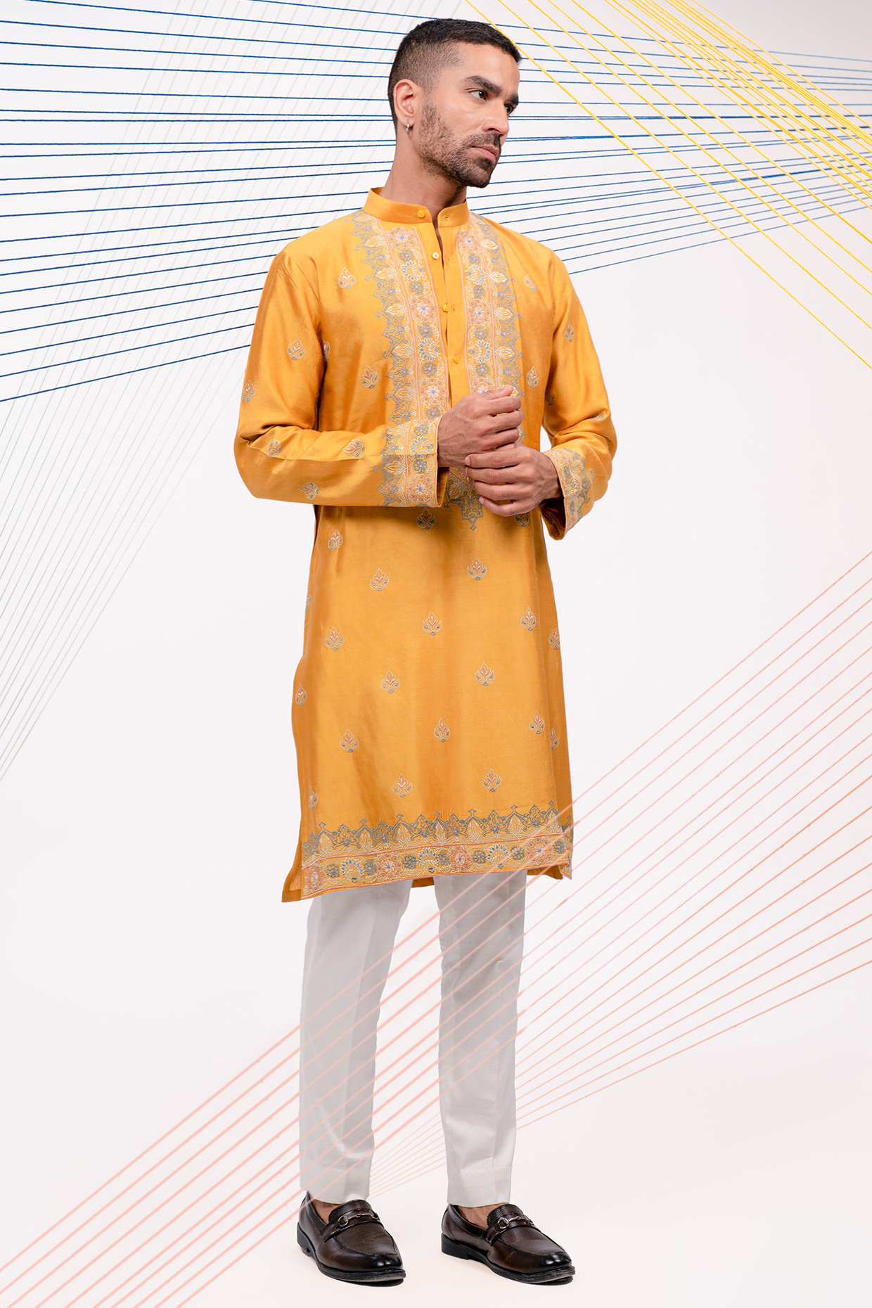 Mustard Yellow Pure Silk Resham Work Kurta Set by JORAH MEN