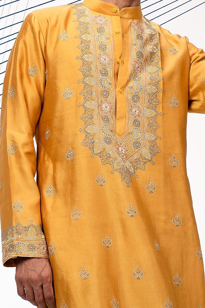 Mustard Yellow Pure Silk Resham Work Kurta Set by JORAH MEN at Pernia's Pop Up Shop