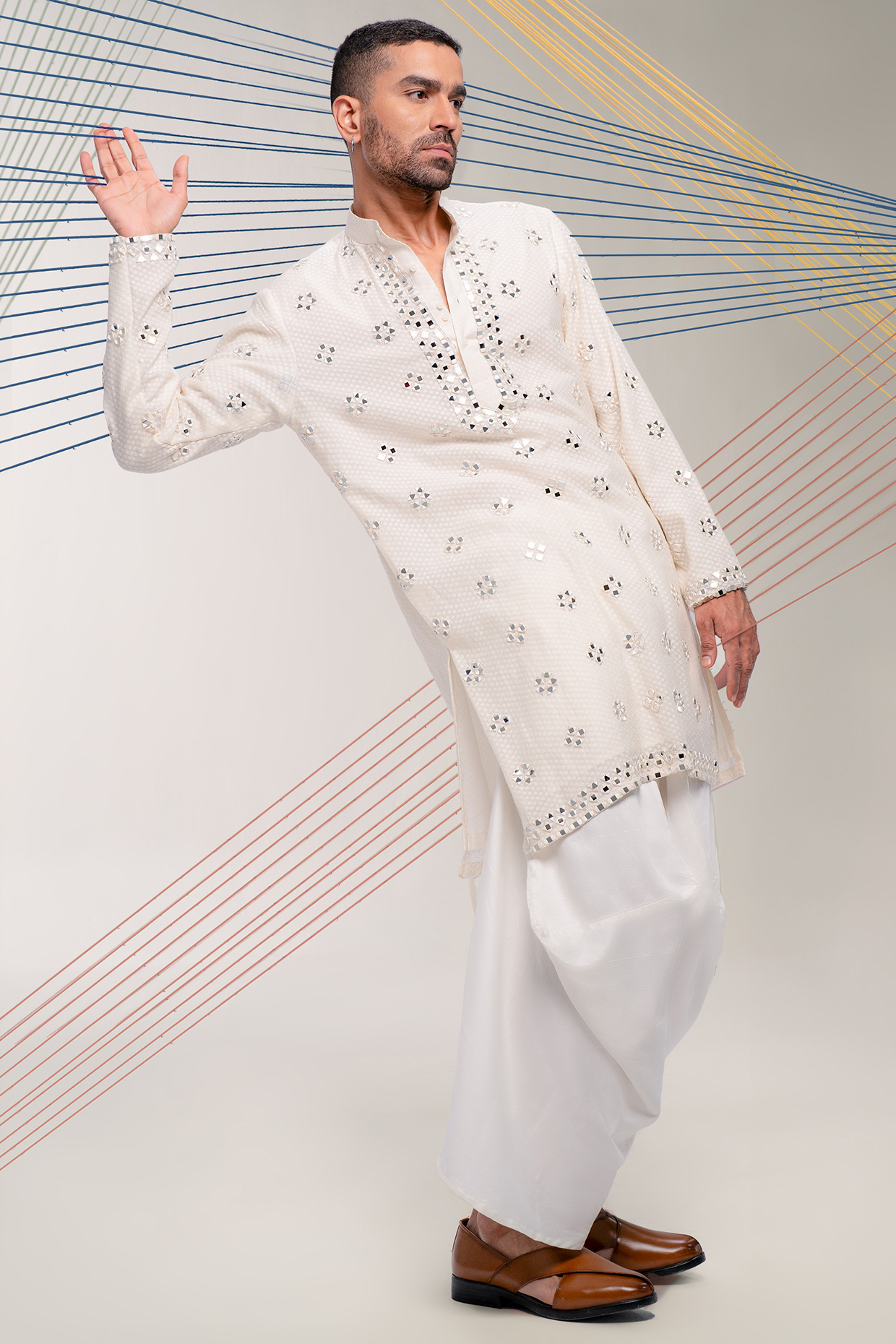 Ivory Chanderi Mirror Work Kurta Set by JORAH MEN