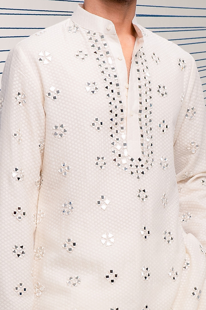 Ivory Chanderi Mirror Work Kurta Set by JORAH MEN at Pernia's Pop Up Shop
