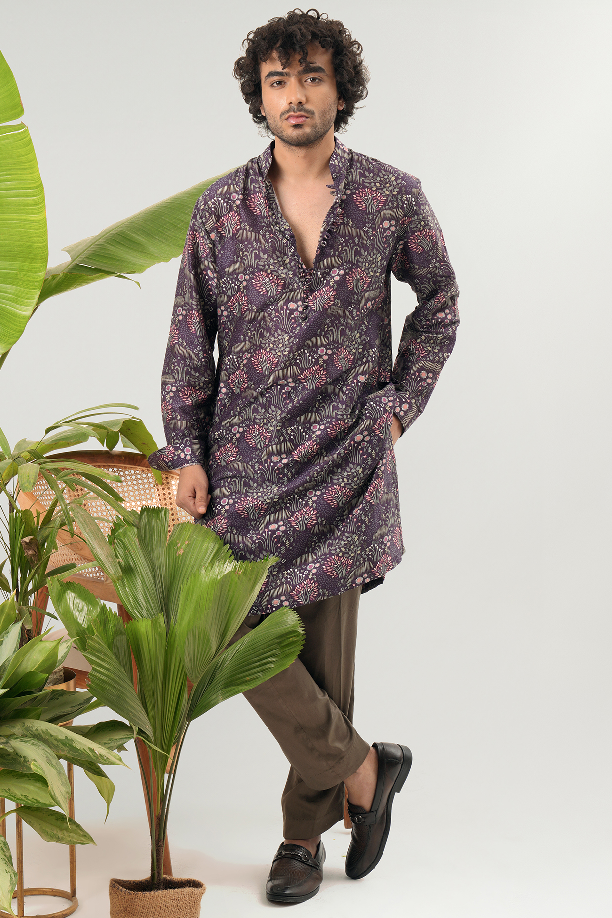 Purple Chanderi Abstract Printed Kurta Set by JORAH MEN